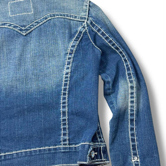 True Religion Women’s Disco Emily Big T Denim Jacket Size S Rainstone Button Y2K - Picture 10 of 13